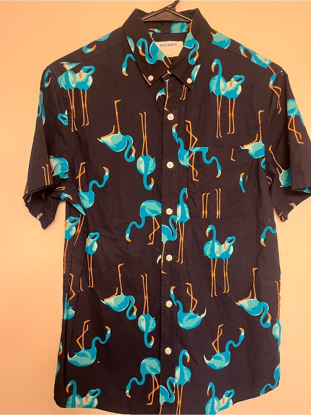 Old Navy Black Short-Sleeve Button-Down Shirt with Blue Flamingo Print